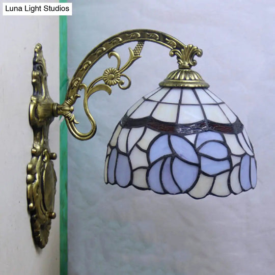 Tiffany Style Blue Stained Glass Wall Sconce With Arched Arm And Bowl Light