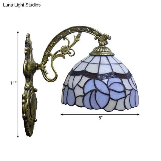 Tiffany Style Blue Stained Glass Wall Sconce With Arched Arm And Bowl Light