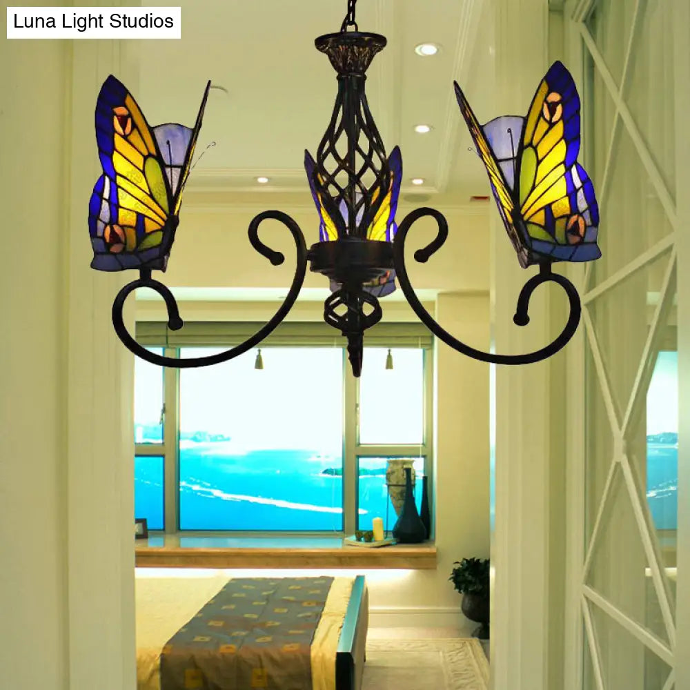 Tiffany-Style Butterfly Chandelier: Stained Glass 3-Light Fixture For Living Room