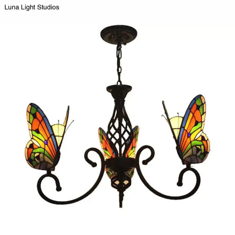 Tiffany-Style Butterfly Chandelier: Stained Glass 3-Light Fixture For Living Room