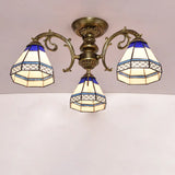 Tiffany Style Ceiling Light - Blue Stained Glass Bell Shade Semi Flush Mount Fixture With 3 Heads