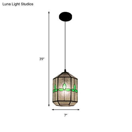 Tiffany Style Cylinder Hanging Light With Rhombus/Leaf Pattern - 1 Red/Green Down On Stainless Glass