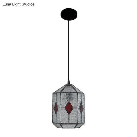 Tiffany Style Cylinder Hanging Light With Rhombus/Leaf Pattern - 1 Red/Green Down On Stainless Glass