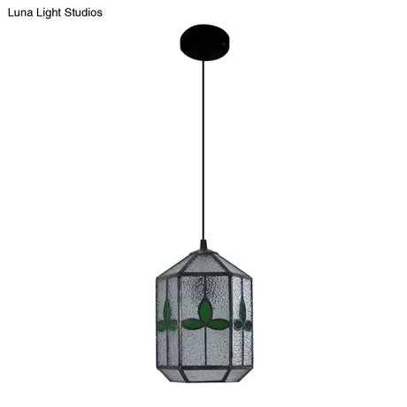 Tiffany Style Cylinder Hanging Light With Rhombus/Leaf Pattern - 1 Red/Green Down On Stainless Glass