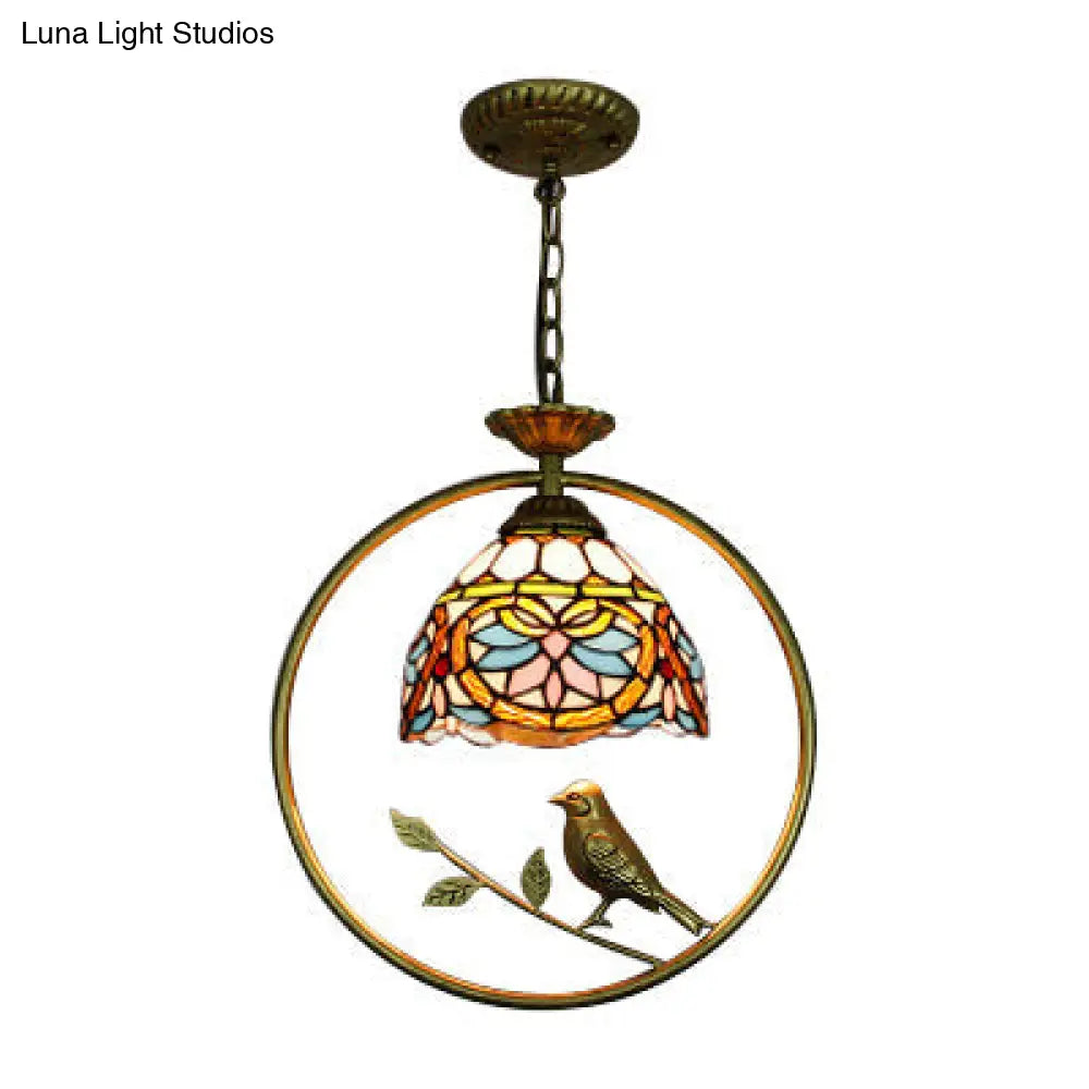 Tiffany Style Dome Pendant Lamp With Bird Accent In Beige