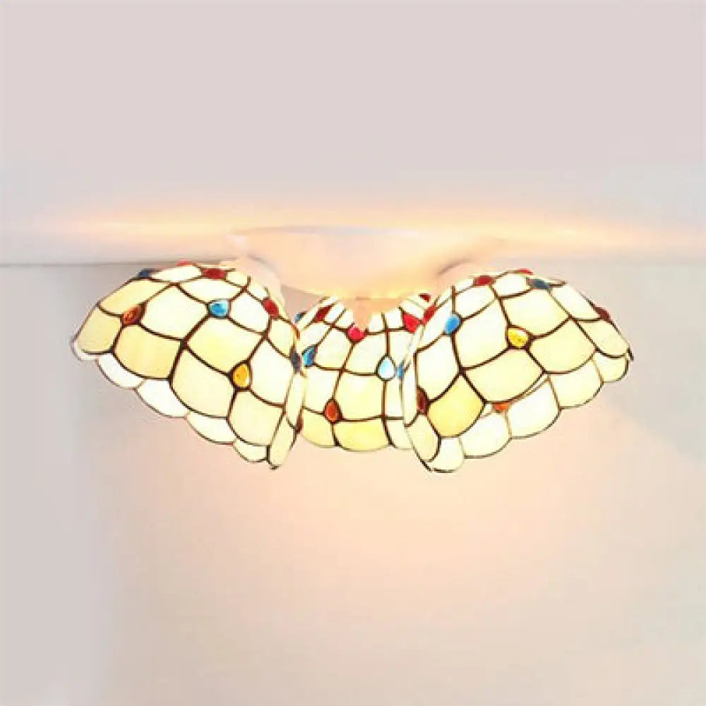 Tiffany Style Domed Ceiling Fixture Stained Glass 3 Lights In Beige - 6’/8’ Wide / 8’