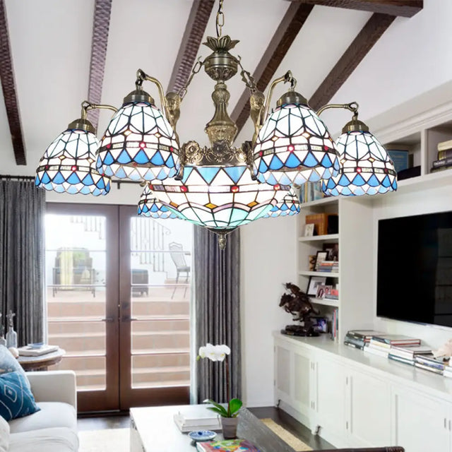 Tiffany Style Domed Chandelier - Mermaid Blue Ceiling Lamp With Cut Glass 7/9 Lights 7 /