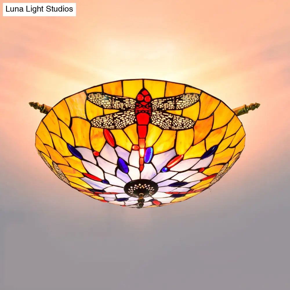 Tiffany Style Dragonfly Ceiling Fixture - Stained Glass 5-Light Semi Flush Mount Elegant Brass Décor