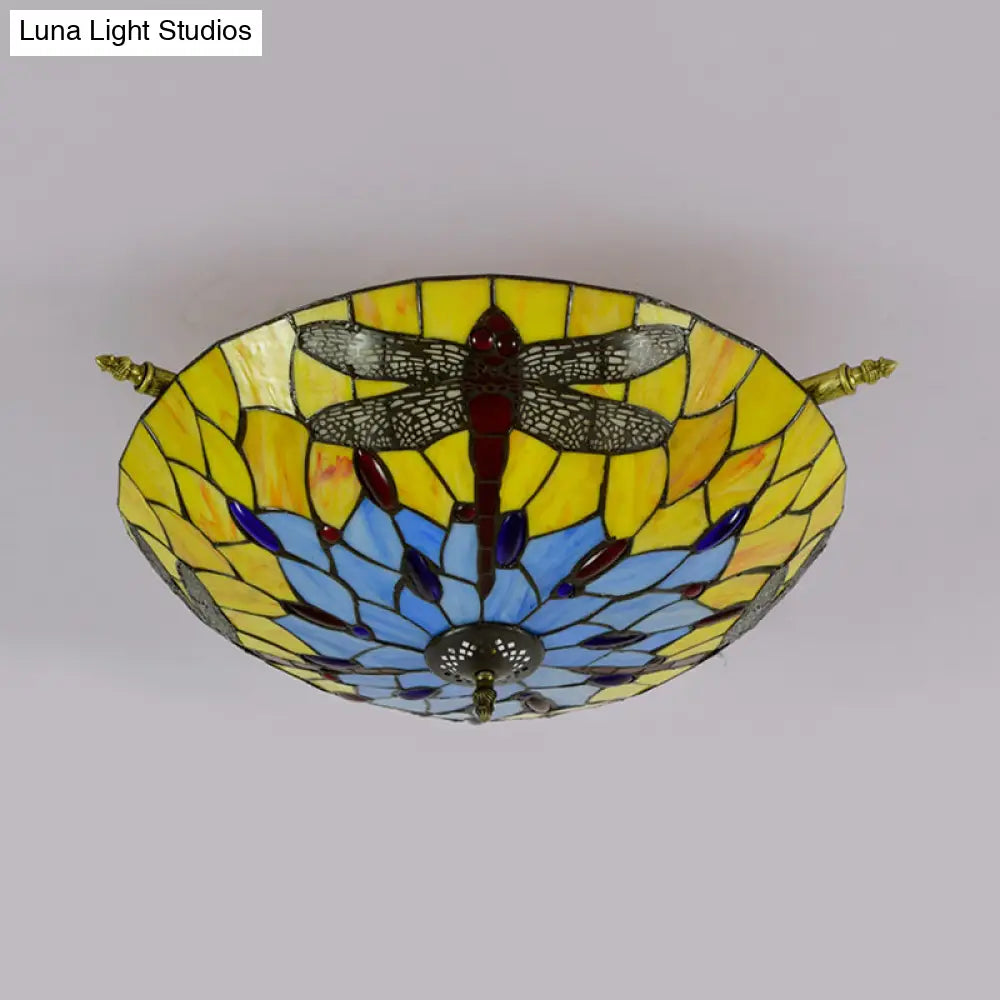 Tiffany Style Dragonfly Ceiling Fixture - Stained Glass 5 - Light Semi Flush Mount Elegant Brass