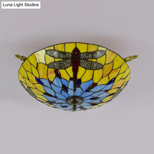 Tiffany Style Dragonfly Ceiling Fixture - Stained Glass 5 - Light Semi Flush Mount Elegant Brass
