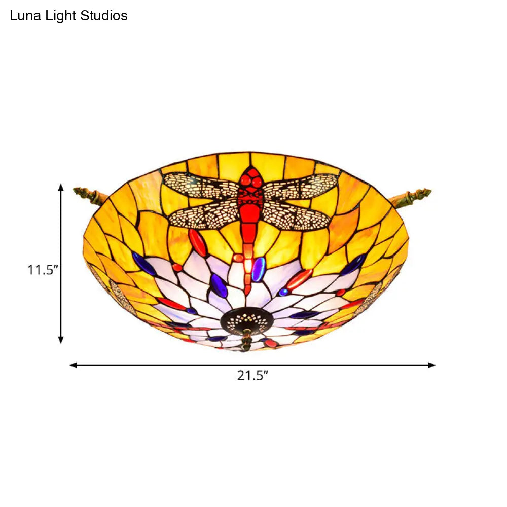 Tiffany Style Dragonfly Ceiling Fixture - Stained Glass 5-Light Semi Flush Mount Elegant Brass Décor