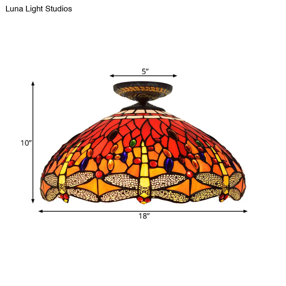 Tiffany-Style Dragonfly Cut Glass Ceiling Lamp - Brass Flush Mount Light Fixture 16/18 Width