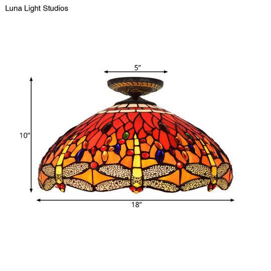Tiffany-Style Dragonfly Cut Glass Ceiling Lamp - Brass Flush Mount Light Fixture 16/18 Width
