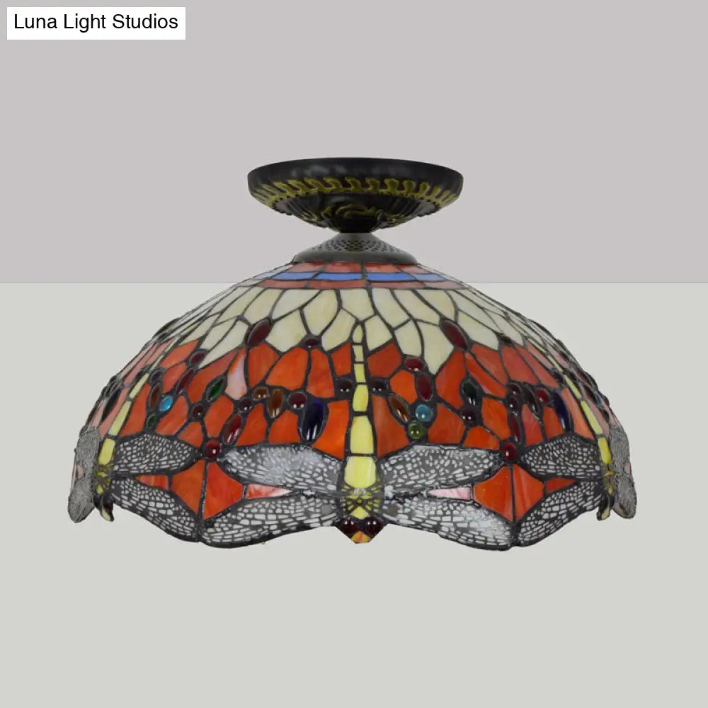 Tiffany-Style Dragonfly Cut Glass Ceiling Lamp - Brass Flush Mount Light Fixture 16’/18’ Width