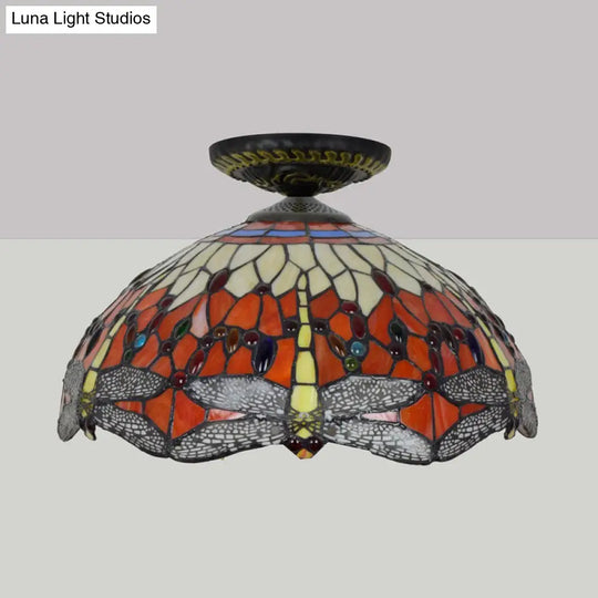 Tiffany-Style Dragonfly Cut Glass Ceiling Lamp - Brass Flush Mount Light Fixture 16’/18’ Width