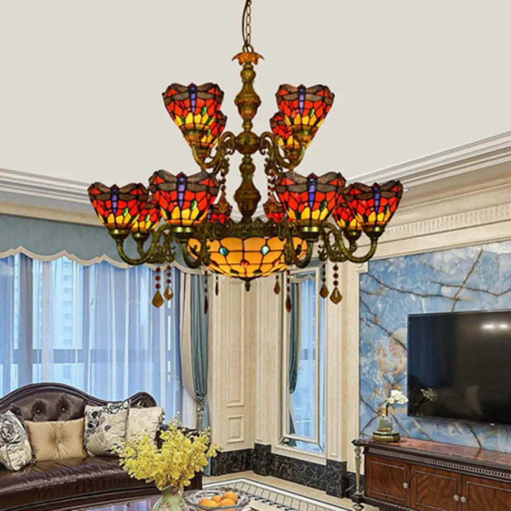 Tiffany Style Dragonfly Stained Glass Dome Hanging Lamp - 13 Lights Inverted Chandelier For Living