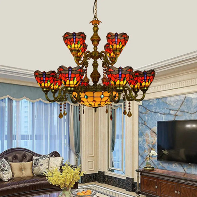 Tiffany Style Dragonfly Stained Glass Dome Hanging Lamp - 13 Lights Inverted Chandelier For Living
