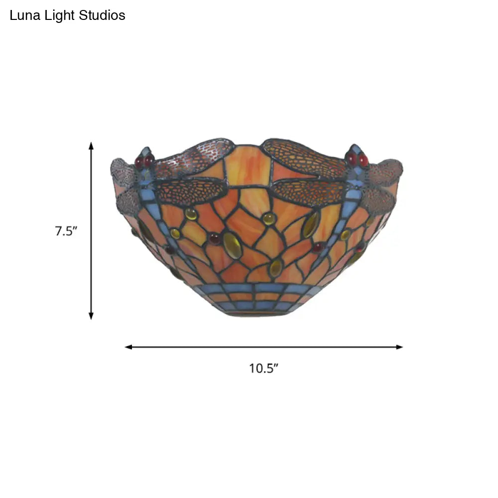 Tiffany Style Dragonfly Wall Sconce In Orange Stained Glass - 1-Light Lighting