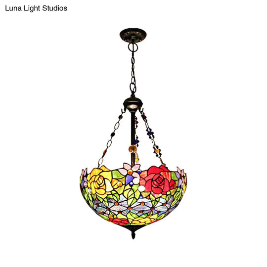 Tiffany Style Floral Suspension Lamp - Stylish Stainless Glass Pendant Light With 2 Red And Yellow