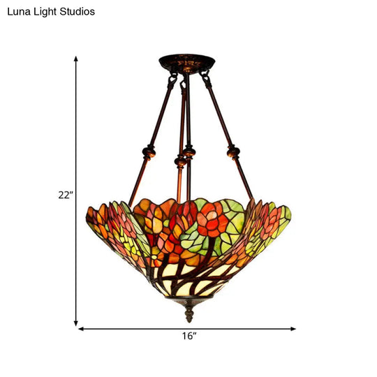 Tiffany Style Flower Cut Glass Semi Mount Ceiling Flush Light - Red/Orange/Blue 2 Lights Bronze