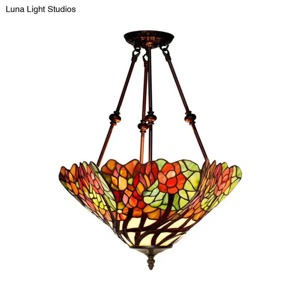 Tiffany Style Flower Cut Glass Semi Mount Ceiling Flush Light - Red/Orange/Blue 2 Lights Bronze