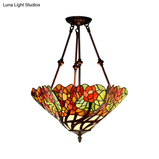 Tiffany Style Flower Cut Glass Semi Mount Ceiling Flush Light - Red/Orange/Blue 2 Lights Bronze