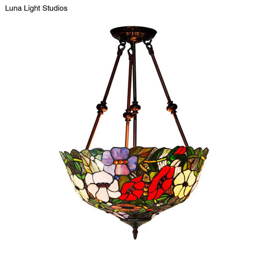 Tiffany Style Flower Cut Glass Semi Mount Ceiling Flush Light - Red/Orange/Blue 2 Lights Bronze