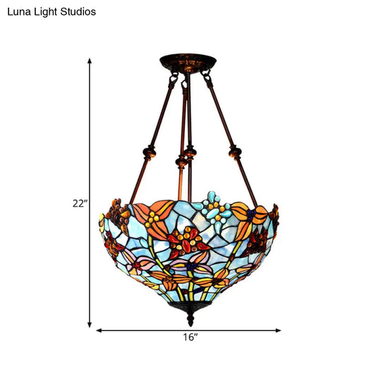 Tiffany Style Flower Cut Glass Semi Mount Ceiling Flush Light - Red/Orange/Blue 2 Lights Bronze