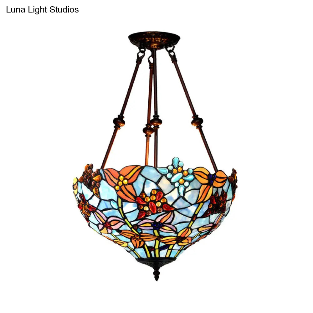 Tiffany Style Flower Cut Glass Semi Mount Ceiling Flush Light - Red/Orange/Blue 2 Lights Bronze