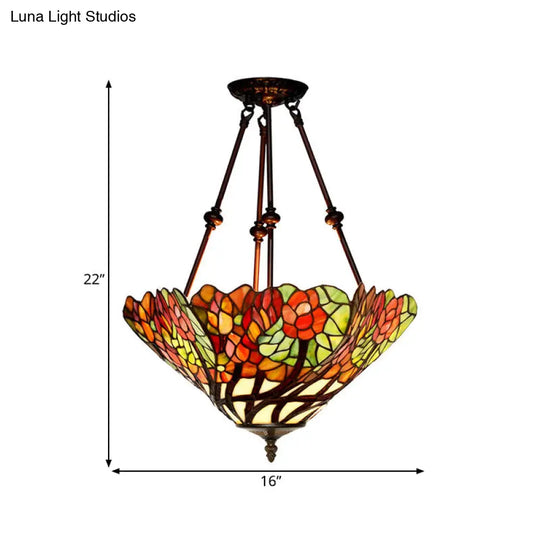 Tiffany Style Flower Cut Glass Semi Mount Ceiling Flush Light - Red/Orange/Blue 2 Lights Bronze