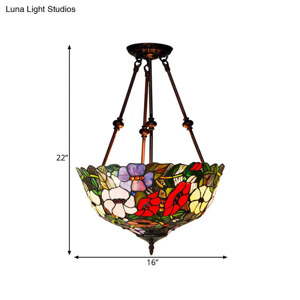 Tiffany Style Flower Cut Glass Semi Mount Ceiling Flush Light - Red/Orange/Blue 2 Lights Bronze