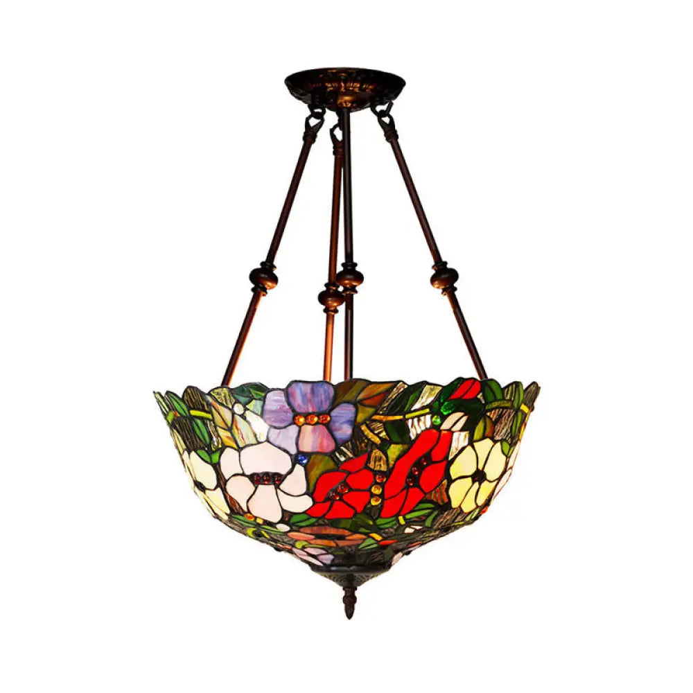 Tiffany Style Flower Cut Glass Semi Mount Ceiling Flush Light - Red/Orange/Blue 2 Lights Bronze