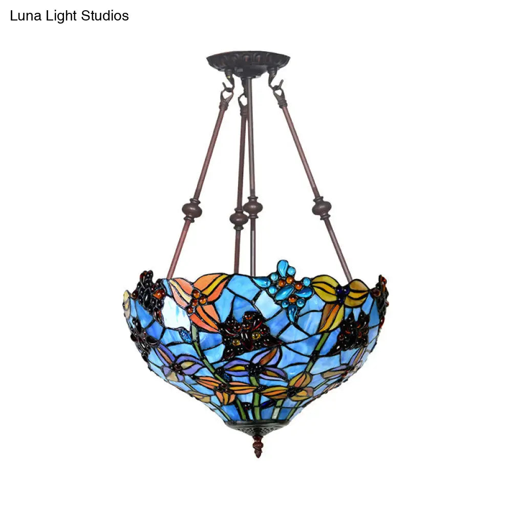 Tiffany Style Flower Cut Glass Semi Mount Ceiling Flush Light - Red/Orange/Blue 2 Lights Bronze