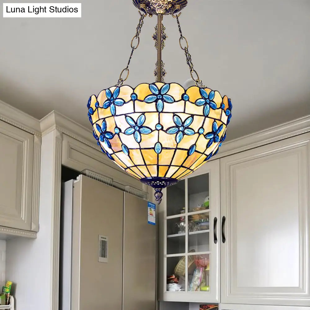 Tiffany Style Flower Shell Semi Flush Light - Antique Brass 3 Lights 12/14/16 Wide Antique Brass /