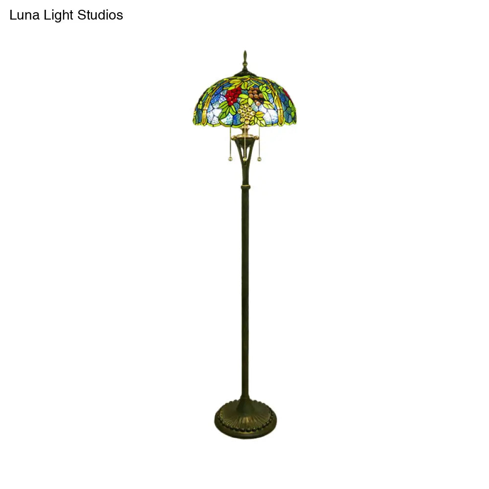Tiffany Style Glass Floor Lamp With Pull Chain - 3 Bulbs Flower/Grapes Design In Blue/Green Or