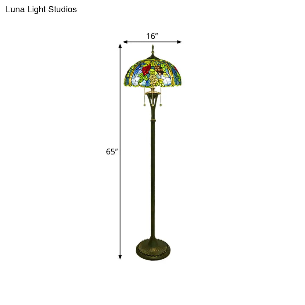 Tiffany Style Glass Floor Lamp With Pull Chain - 3 Bulbs Flower/Grapes Design In Blue/Green Or