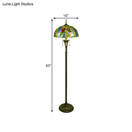Tiffany Style Glass Floor Lamp With Pull Chain - 3 Bulbs Flower/Grapes Design In Blue/Green Or