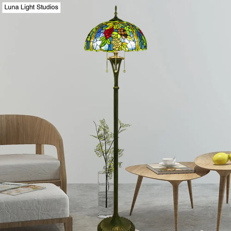 Tiffany Style Glass Floor Lamp With Pull Chain - 3 Bulbs Flower/Grapes Design In Blue/Green Or