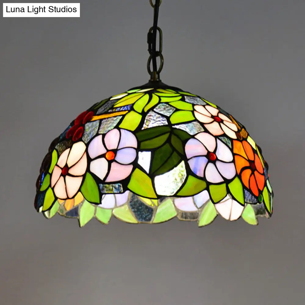 1-Light Green Tiffany-Style Stained Glass Bowl Pendant Light