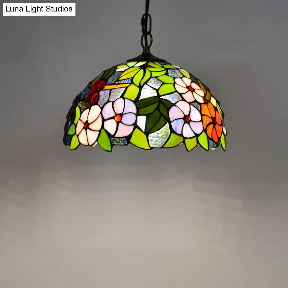 Tiffany-Style Green Stained Glass Bowl Pendant Light With 1 Hanging Lamp