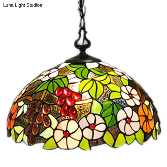 1-Light Green Tiffany-Style Stained Glass Bowl Pendant Light