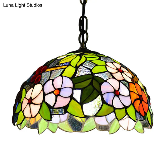 1-Light Green Tiffany-Style Stained Glass Bowl Pendant Light