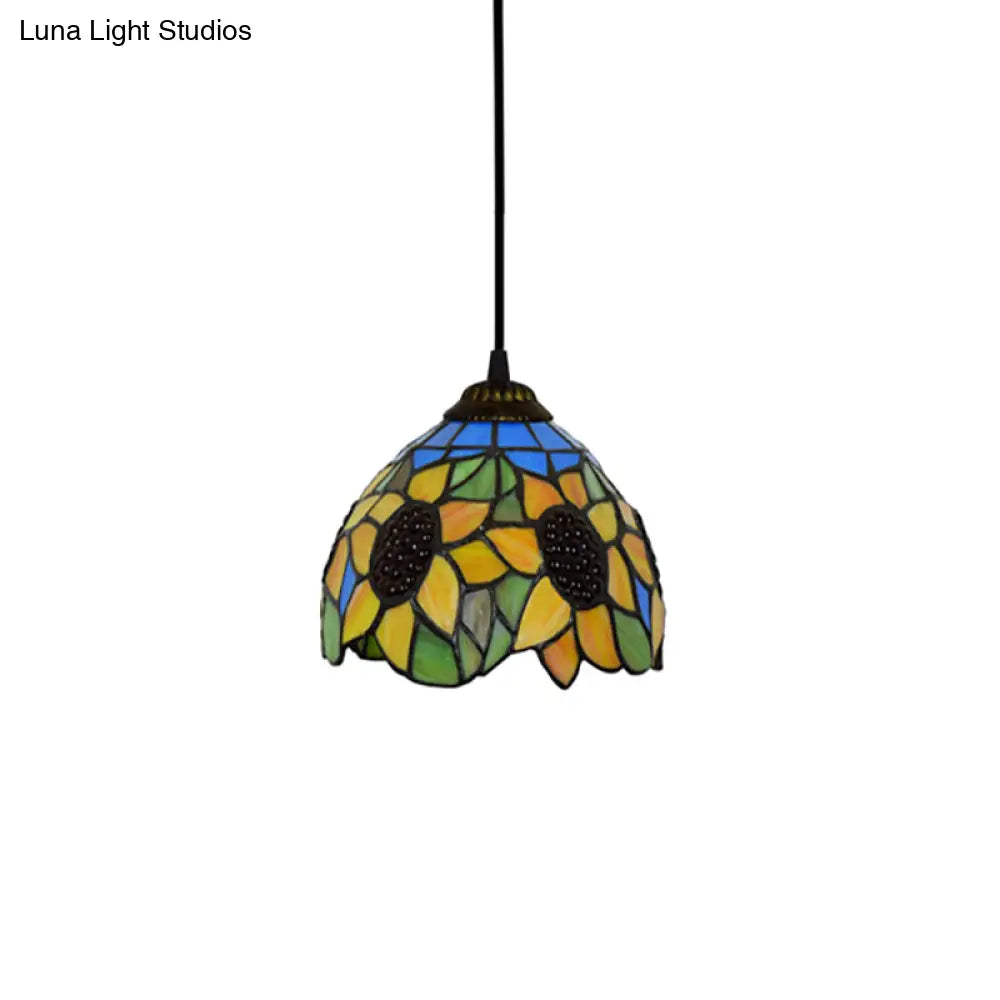 Tiffany-Style Hand Cut Glass Pendant Ceiling Light - Green/Orange Flare Design Ideal For Living Room