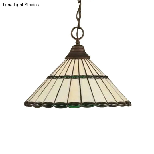 Tiffany-Style Hand Cut Glass Suspension Lamp - Brown/Green Tapered Pendant Fixture