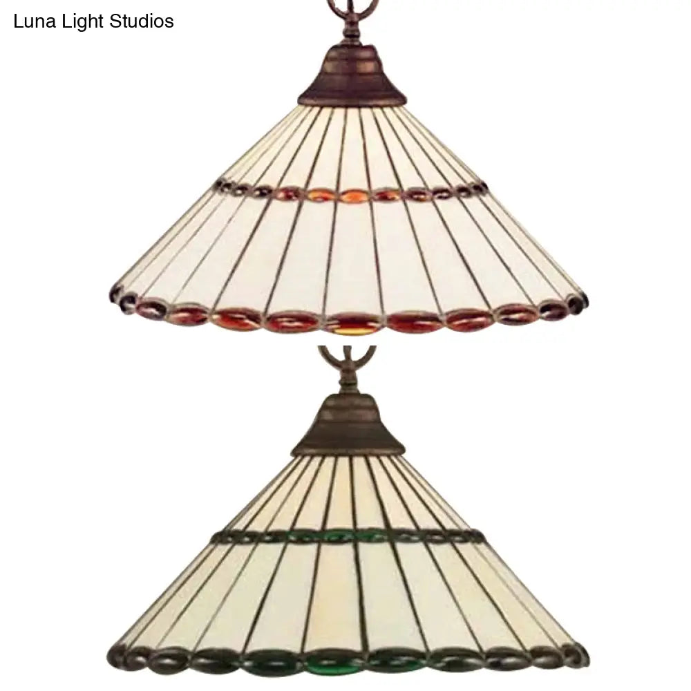 Tiffany-Style Hand Cut Glass Suspension Lamp - Brown/Green Tapered Pendant Fixture