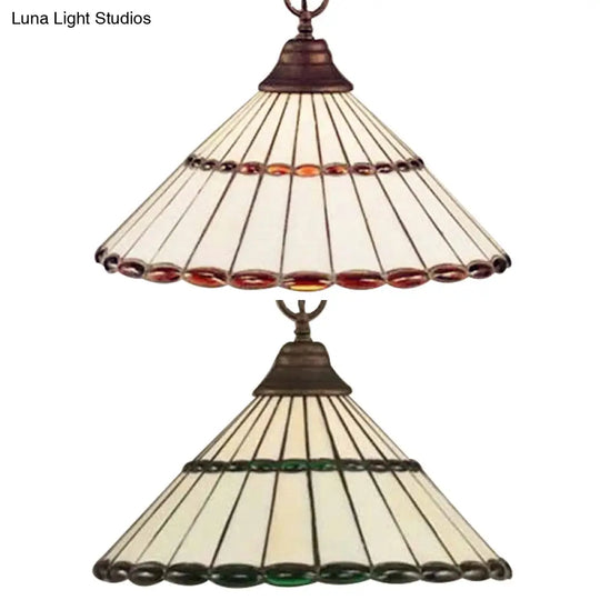 Tiffany-Style Hand Cut Glass Suspension Lamp - Brown/Green Tapered Pendant Fixture