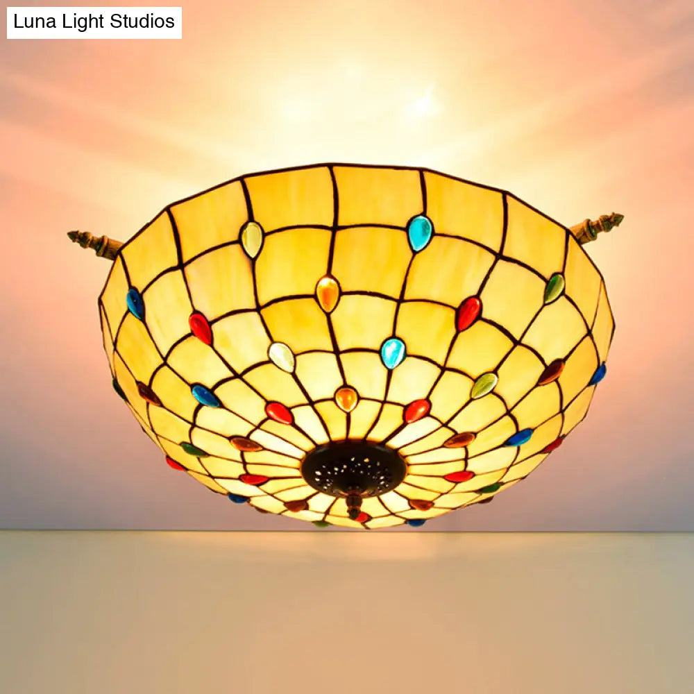 5-Head Tiffany Beaded Art Glass Ceiling Light Fixture In Brass Semi Flush Mount - 21.5/25.5 Width /