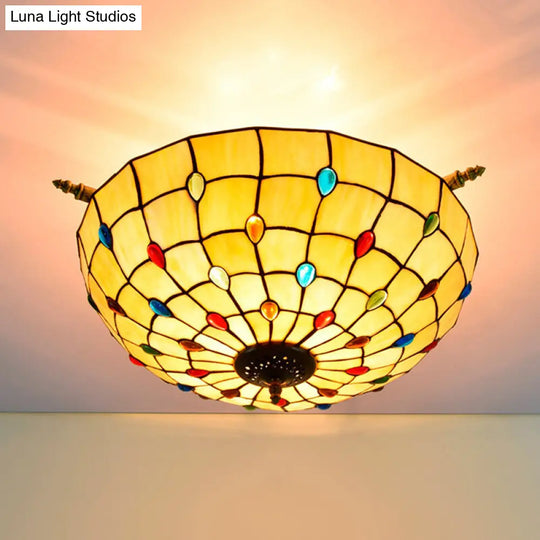 5-Head Tiffany Beaded Art Glass Ceiling Light Fixture In Brass Semi Flush Mount - 21.5/25.5 Width /