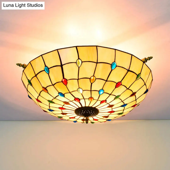 5-Head Tiffany Beaded Art Glass Ceiling Light Fixture In Brass Semi Flush Mount - 21.5/25.5 Width /