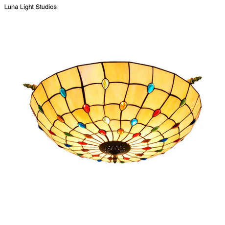 Tiffany Style Handcrafted Art Glass Ceiling Light Fixture - 5 Heads Semi Flush Mount Brass Finish